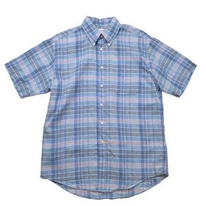 Brooks Brothers Linen Shirt Mens Medium Gingham Plaid Short Sleeve Button Front